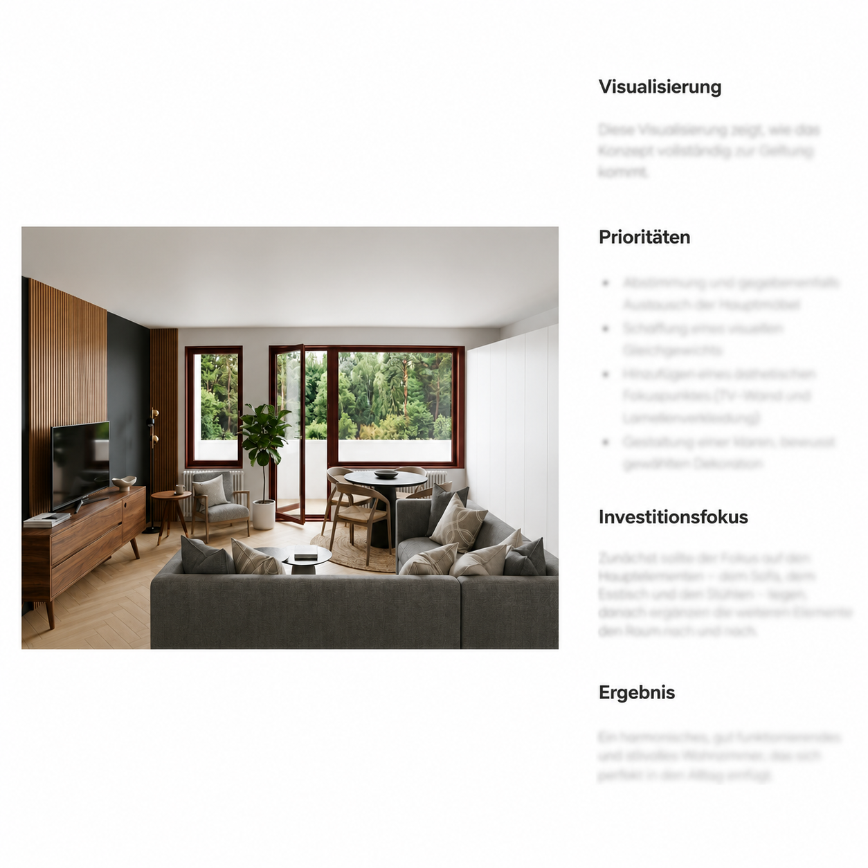 Moderne Wohnzimmergestaltung mit grauen Sofas und großen Fenstern mit Blick ins Grüne.